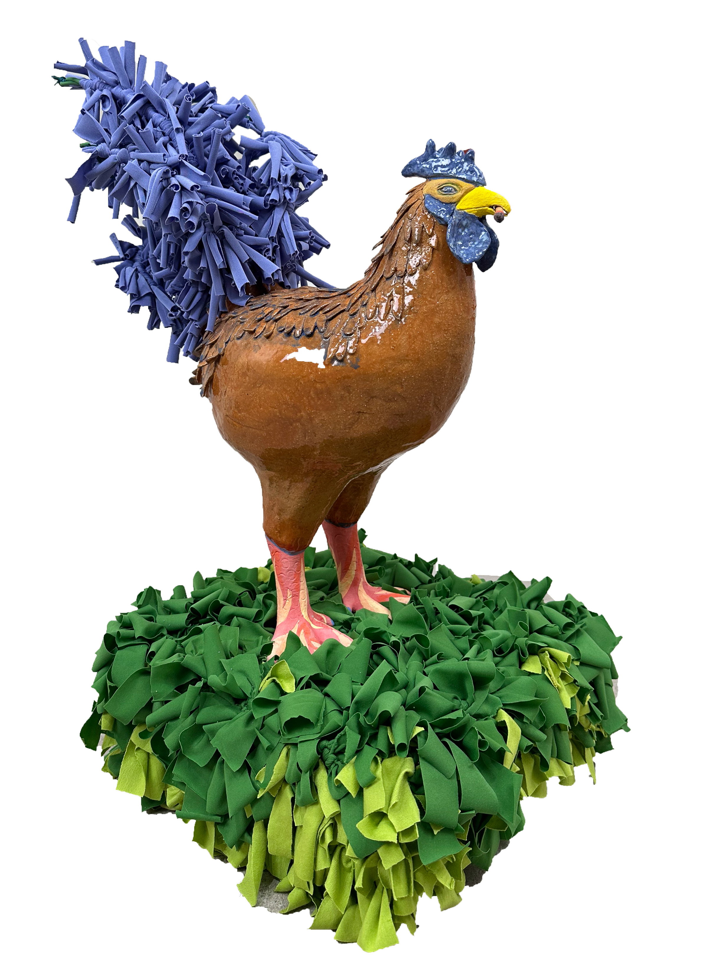 Ceramic and fabric rooster sculpture by Michelle Solorzano