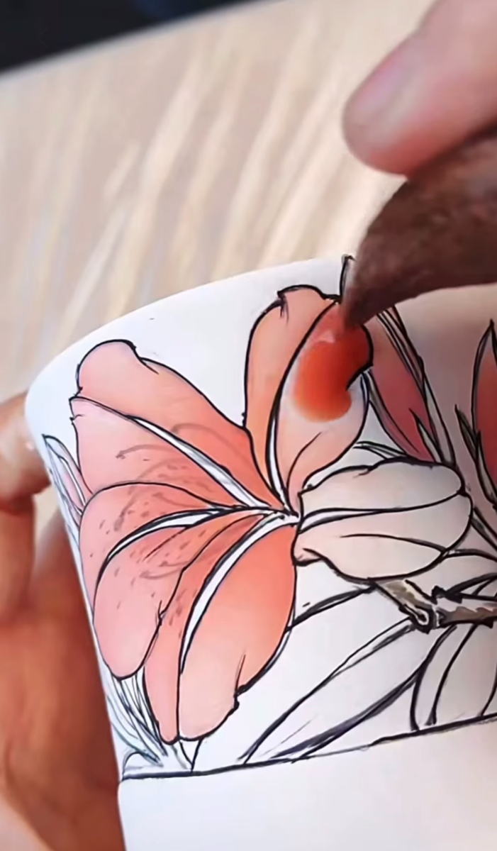 Coral lily petals being shaded on the side of a cup