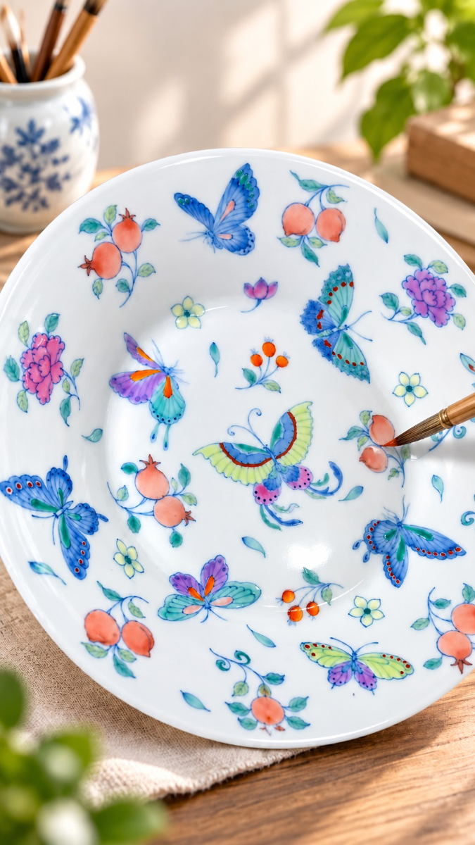 A butterfly-and-fruit plate in blue, teal and coral overglaze, brush resting on the rim